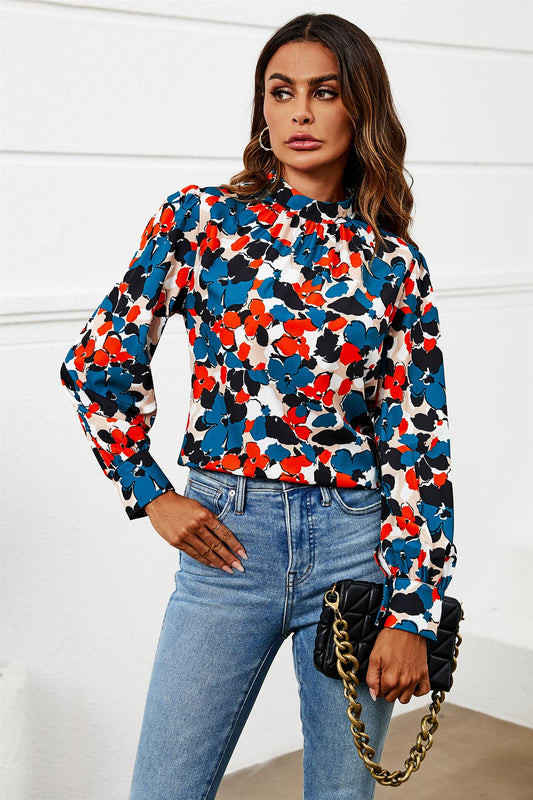 Floral Print Long Sleeve High Neck Top In Blue - AXON