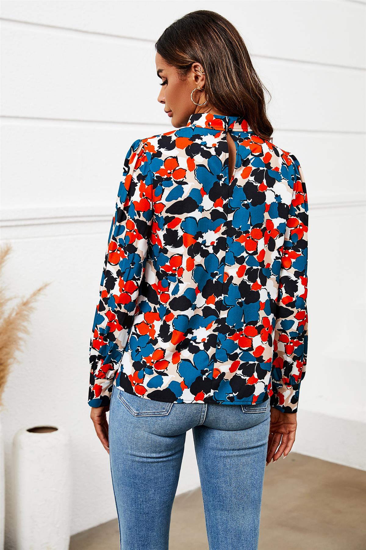 Floral Print Long Sleeve High Neck Top In Blue - AXON