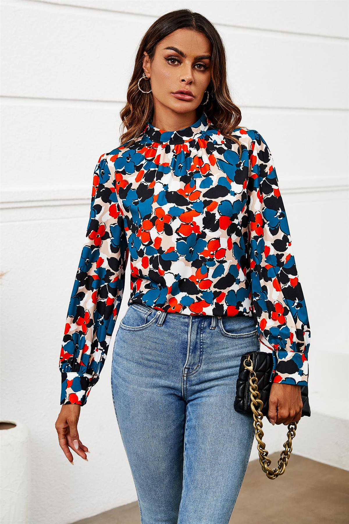 Floral Print Long Sleeve High Neck Top In Blue - AXON