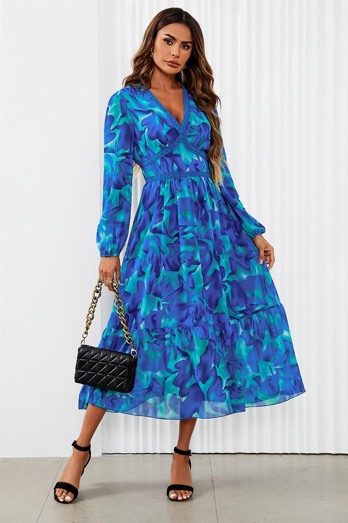 Floral Print Long Sleeve Maxi Dress In Blue - AXON
