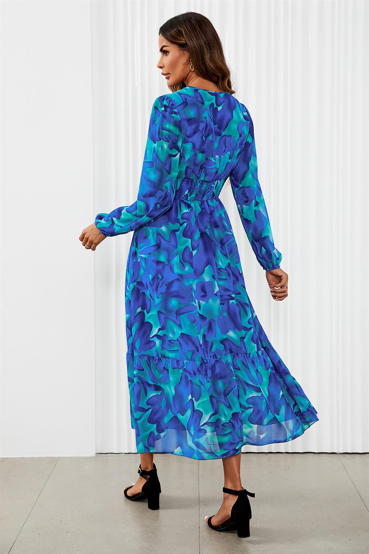 Floral Print Long Sleeve Maxi Dress In Blue - AXON