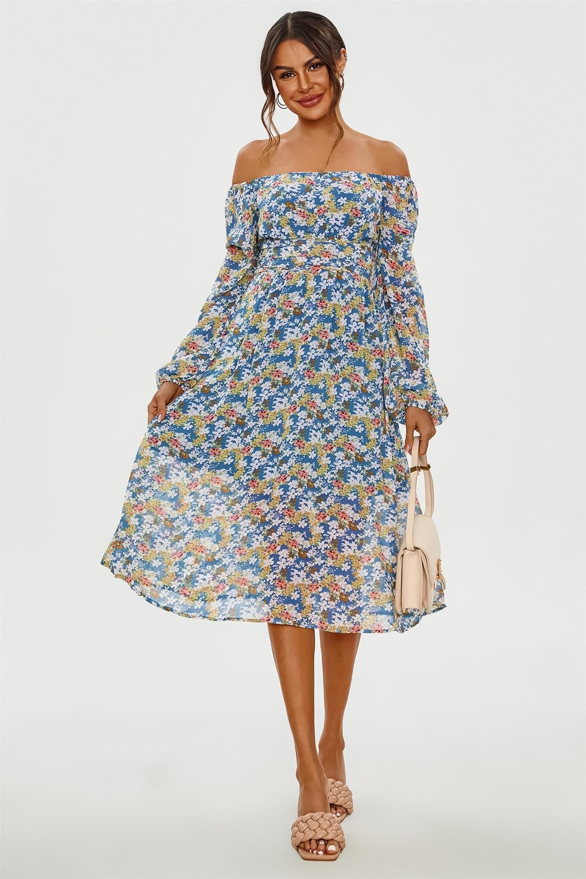 Floral Print Long Sleeve Maxi Dress In Blue - AXON