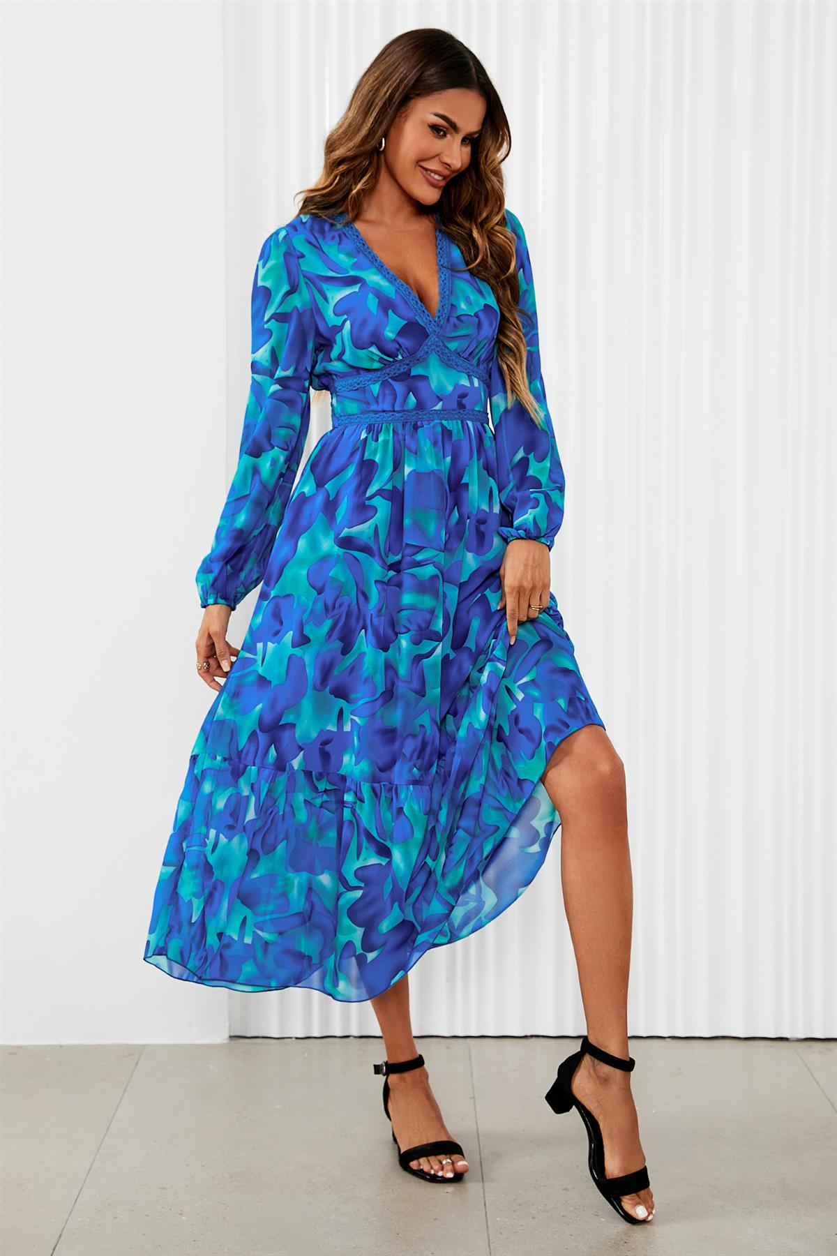 Floral Print Long Sleeve Maxi Dress In Blue - AXON
