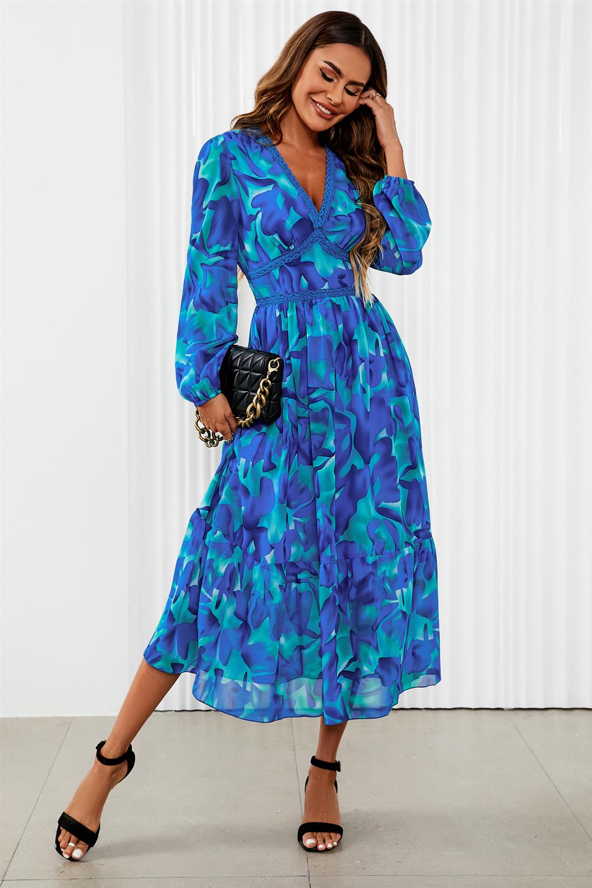 Floral Print Long Sleeve Maxi Dress In Blue - AXON