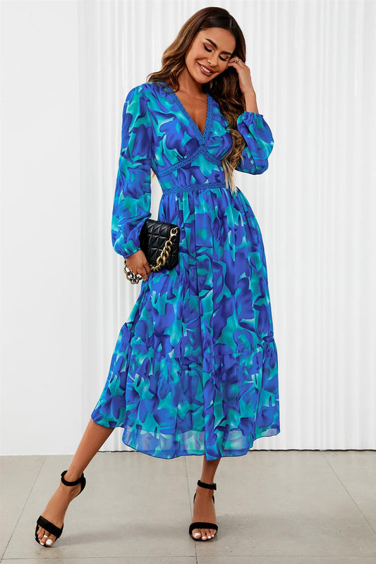 Floral Print Long Sleeve Maxi Dress In Blue - AXON