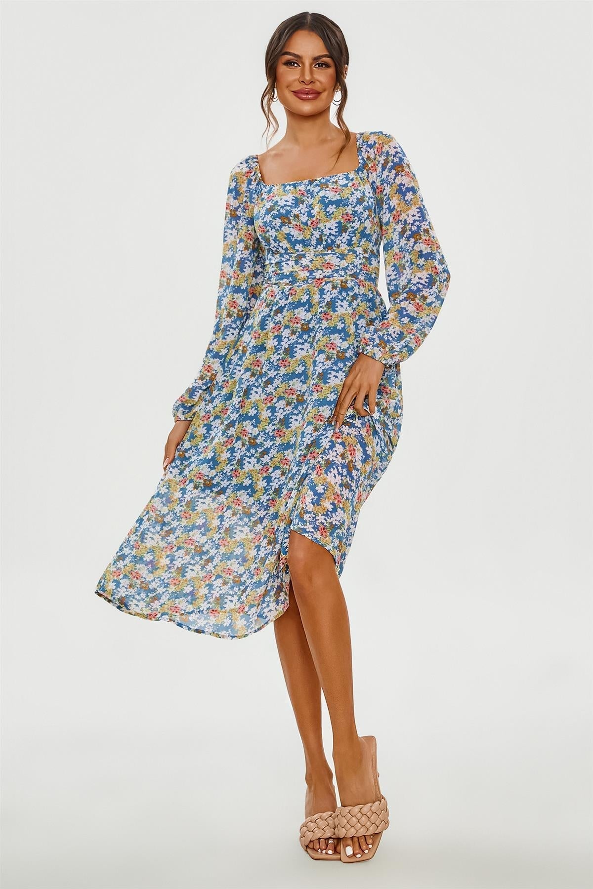 Floral Print Long Sleeve Maxi Dress In Blue - AXON