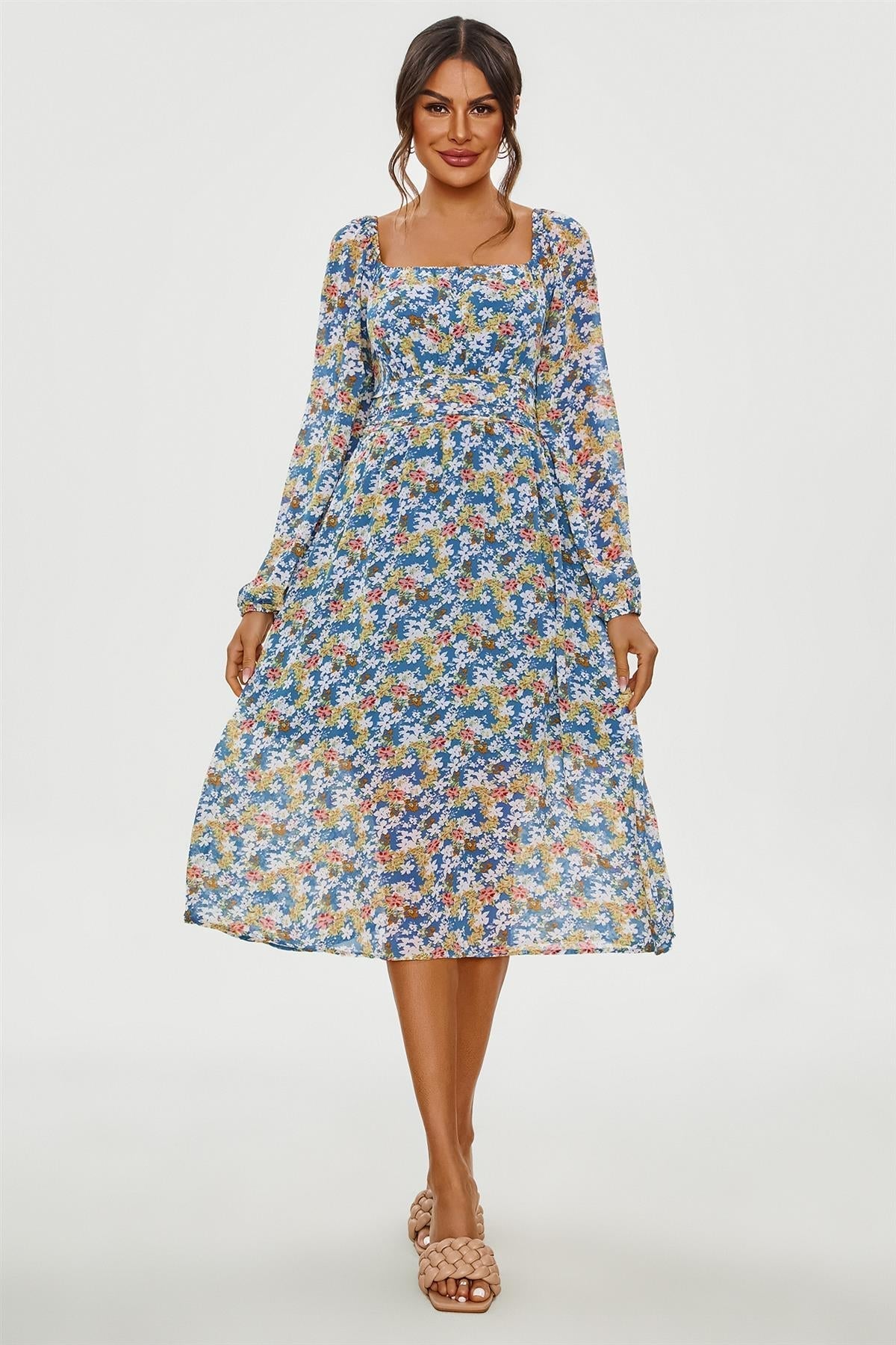 Floral Print Long Sleeve Maxi Dress In Blue - AXON