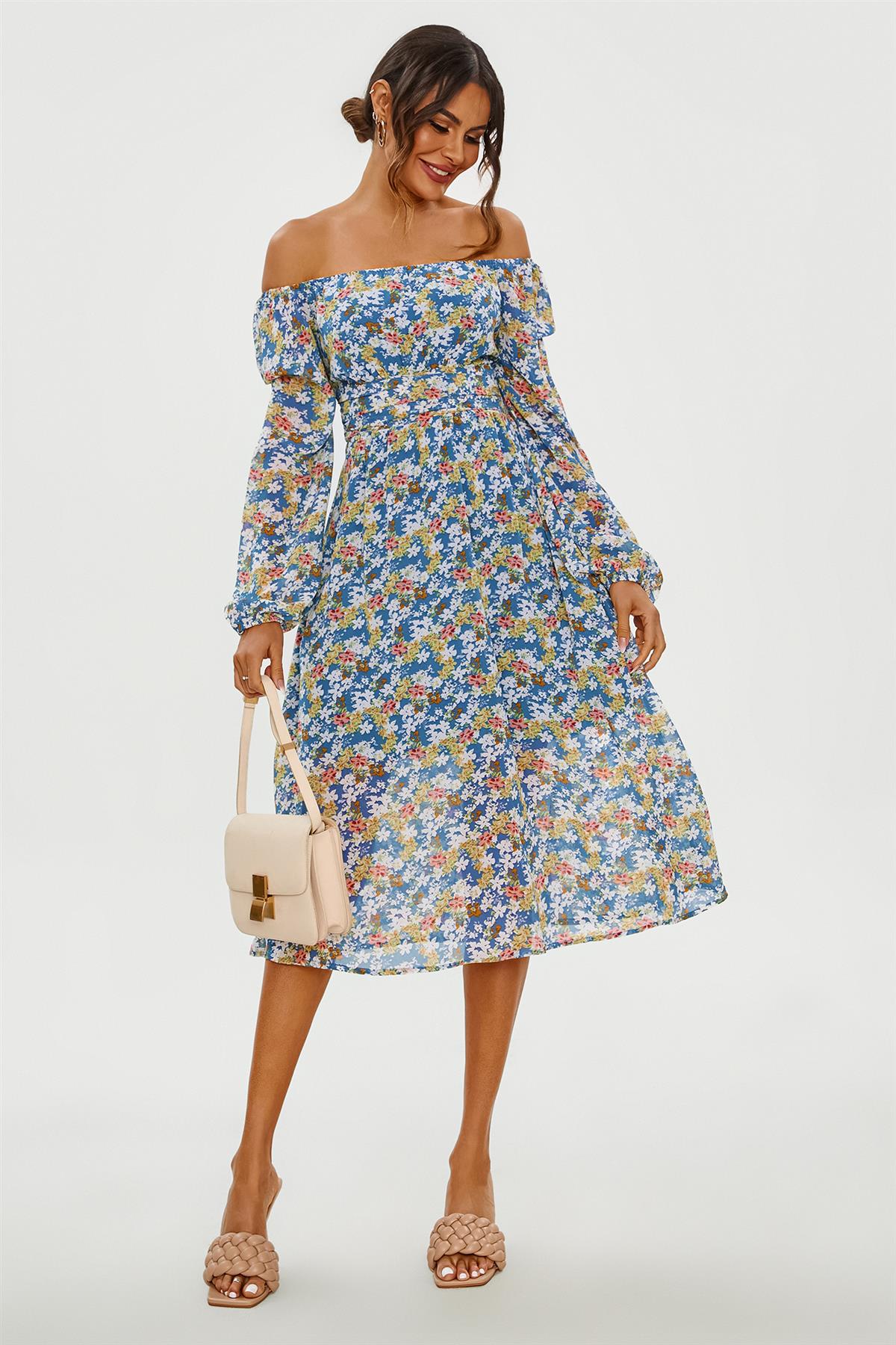 Floral Print Long Sleeve Maxi Dress In Blue - AXON