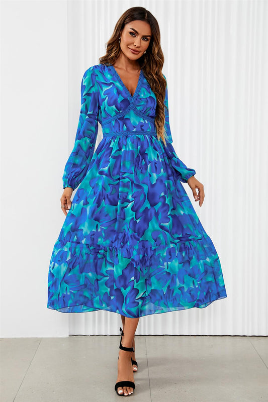 Floral Print Long Sleeve Maxi Dress In Blue - AXON