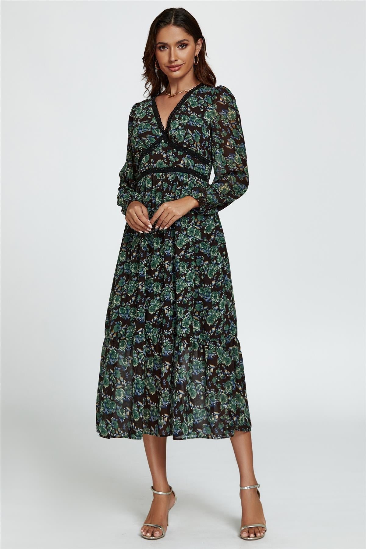 Floral Print Long Sleeve Midi Dress In Brown - AXON