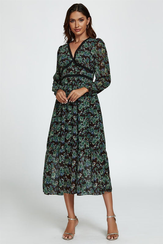 Floral Print Long Sleeve Midi Dress In Brown - AXON