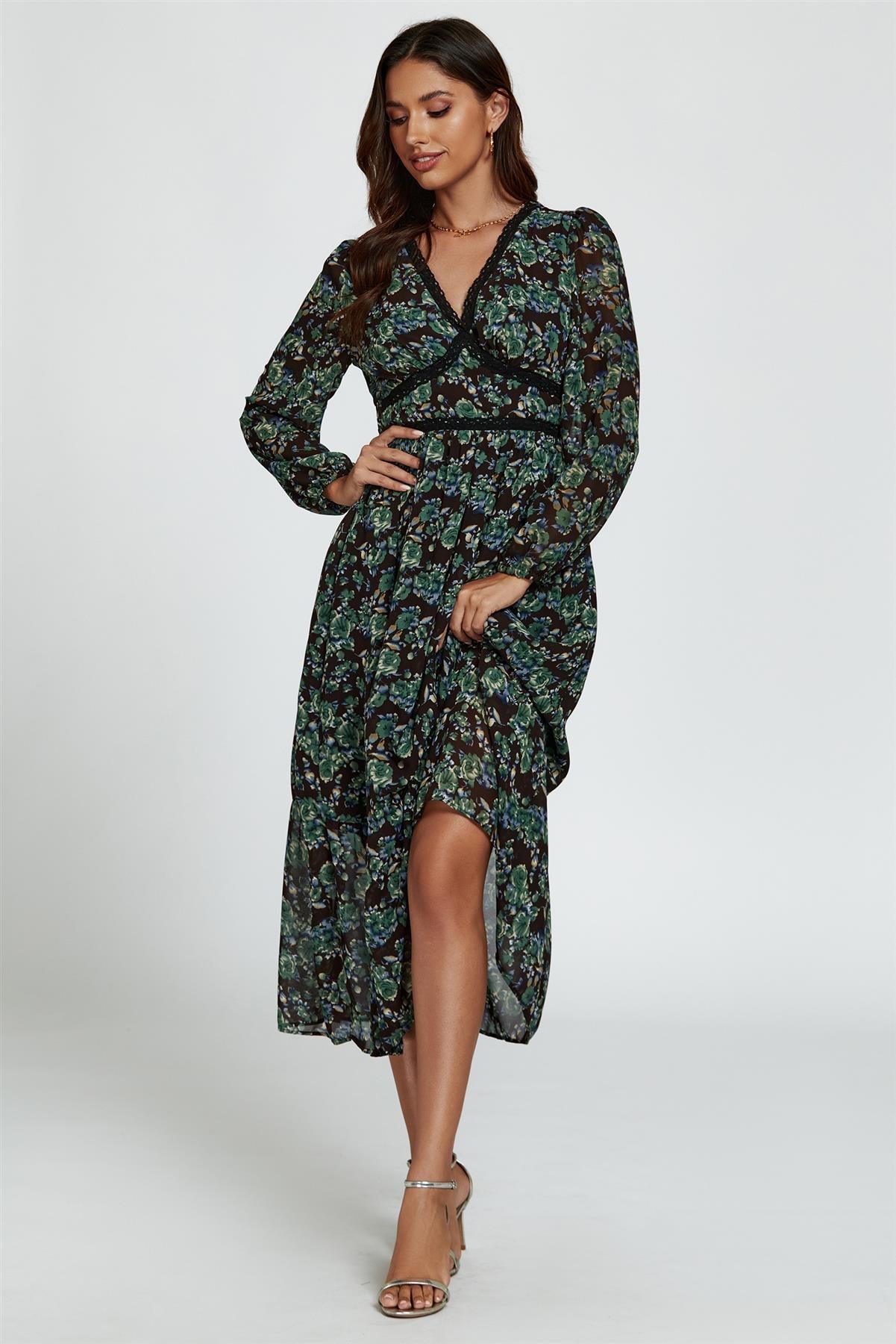 Floral Print Long Sleeve Midi Dress In Brown - AXON
