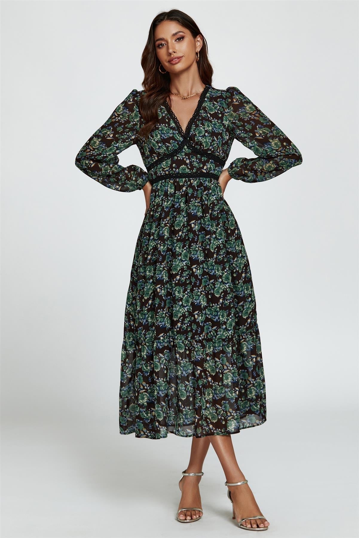 Floral Print Long Sleeve Midi Dress In Brown - AXON