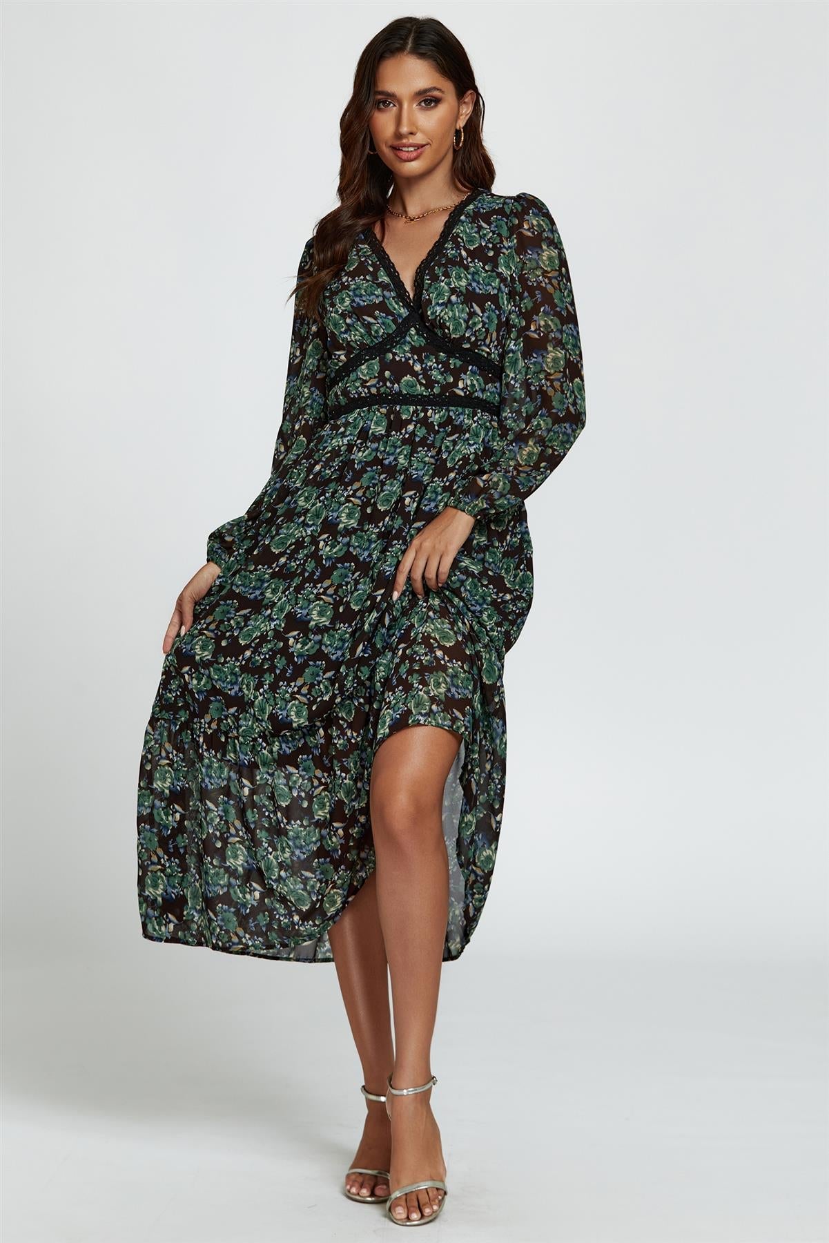 Floral Print Long Sleeve Midi Dress In Brown - AXON