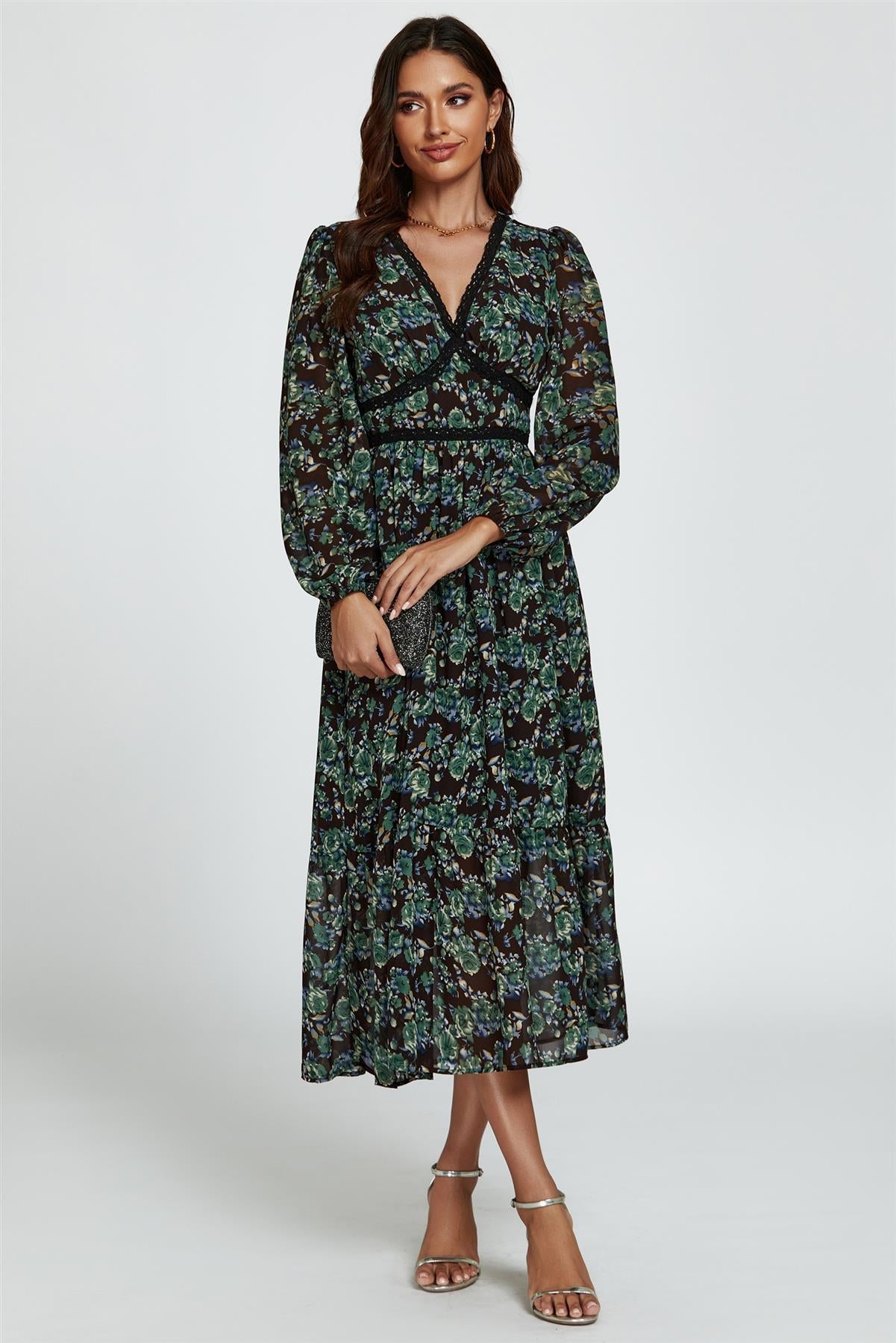 Floral Print Long Sleeve Midi Dress In Brown - AXON