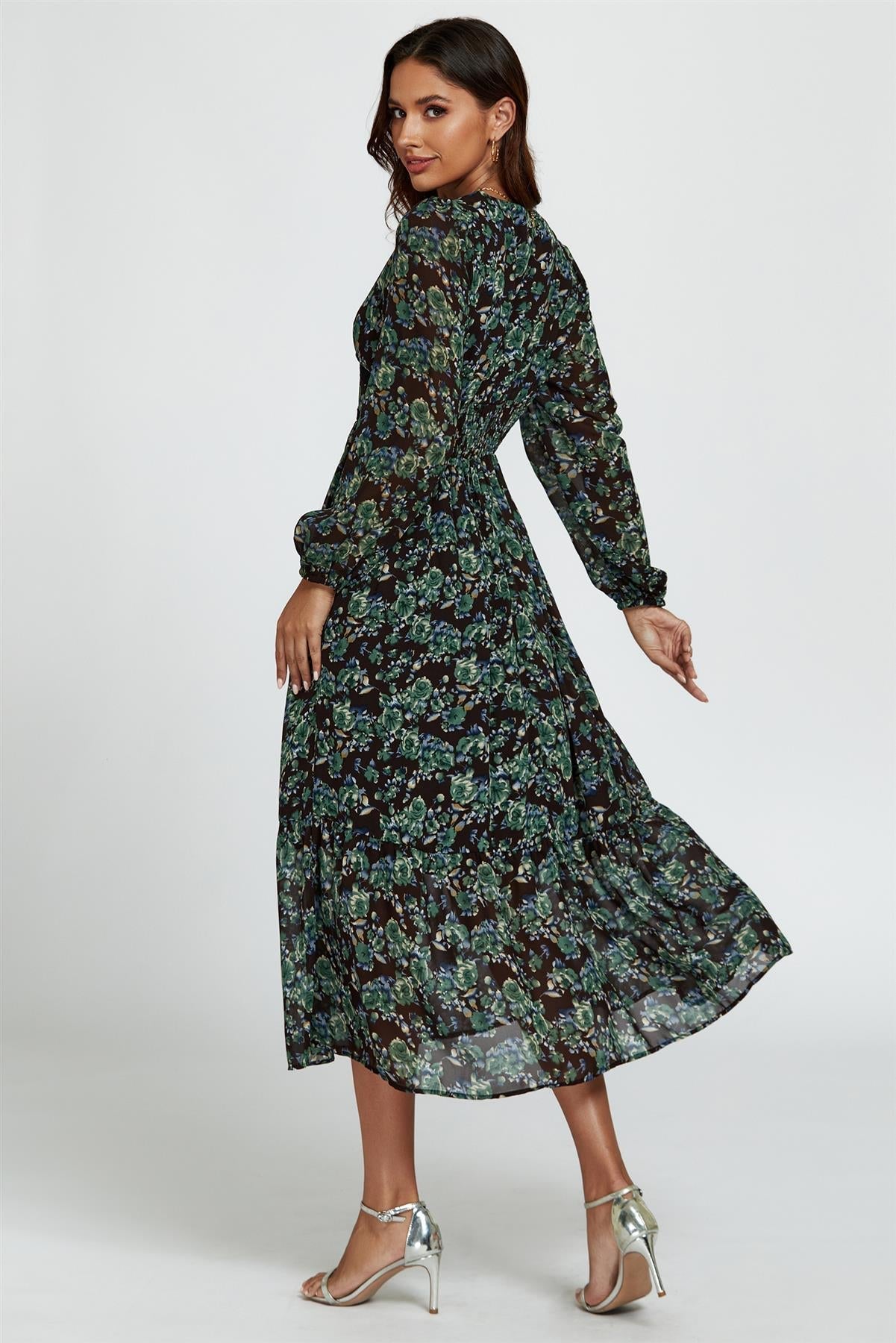 Floral Print Long Sleeve Midi Dress In Brown - AXON