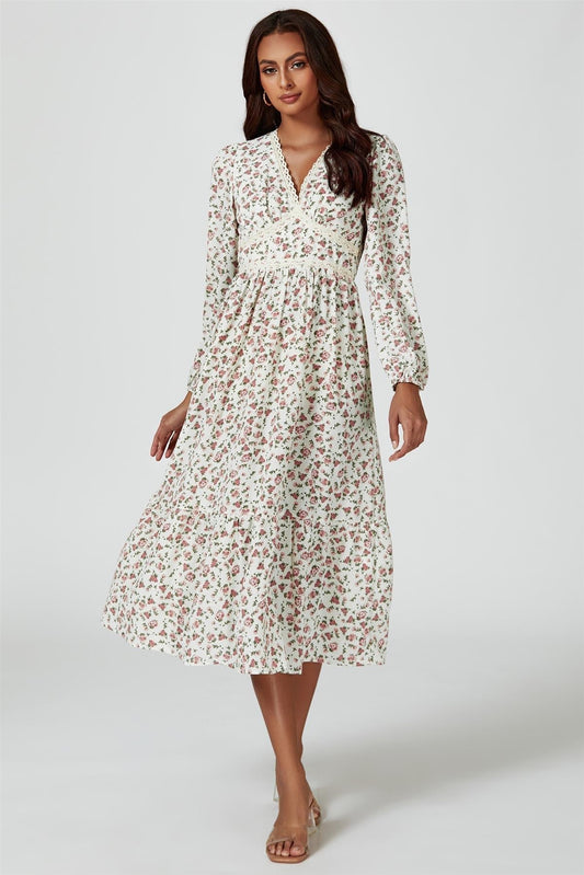Floral Print Long Sleeve Midi Dress In White - AXON