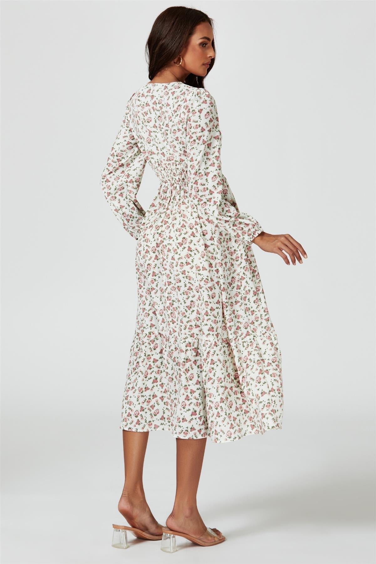 Floral Print Long Sleeve Midi Dress In White - AXON