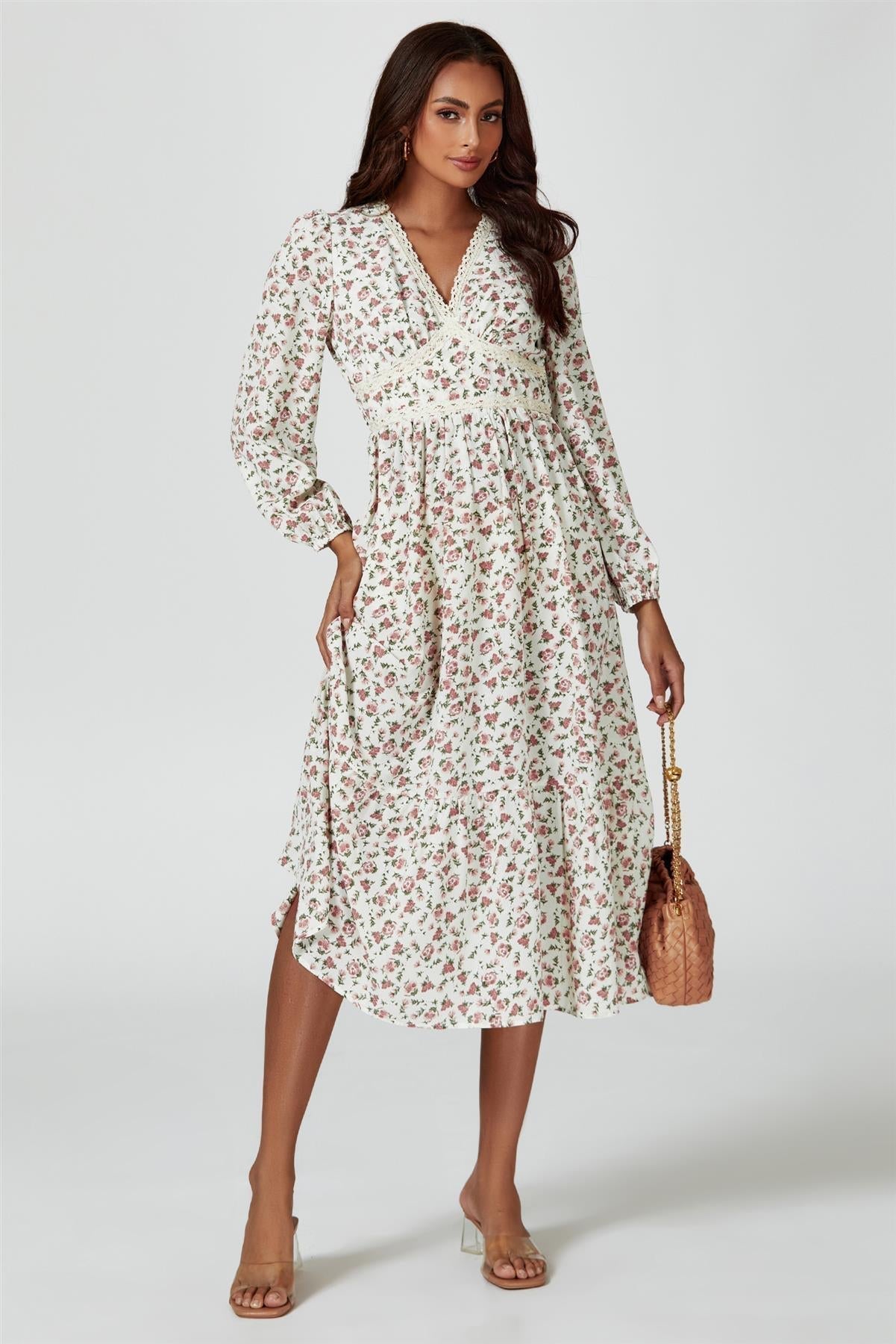 Floral Print Long Sleeve Midi Dress In White - AXON