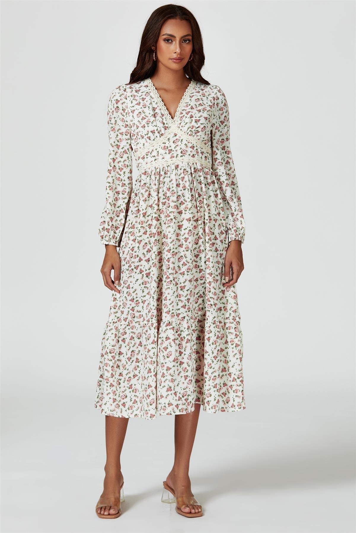 Floral Print Long Sleeve Midi Dress In White - AXON