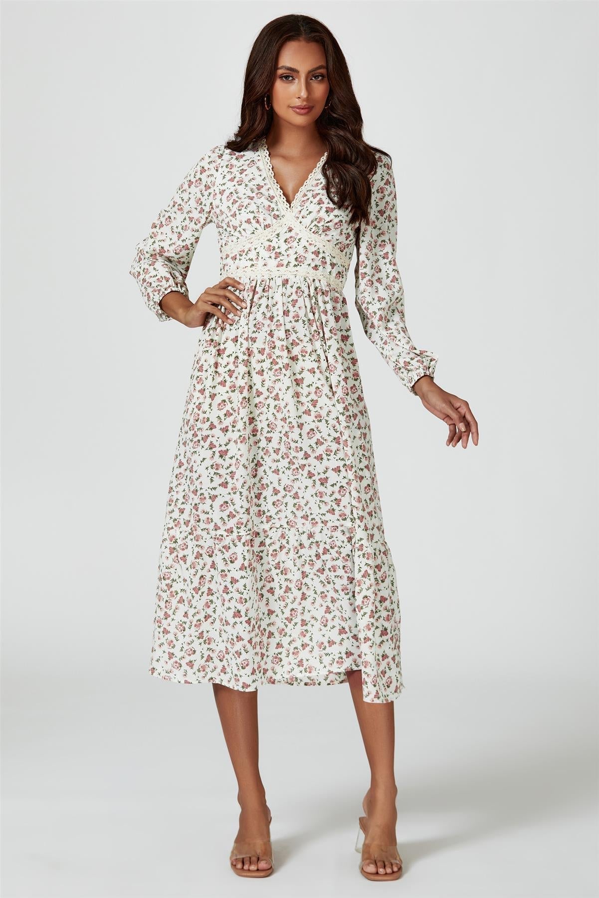 Floral Print Long Sleeve Midi Dress In White - AXON