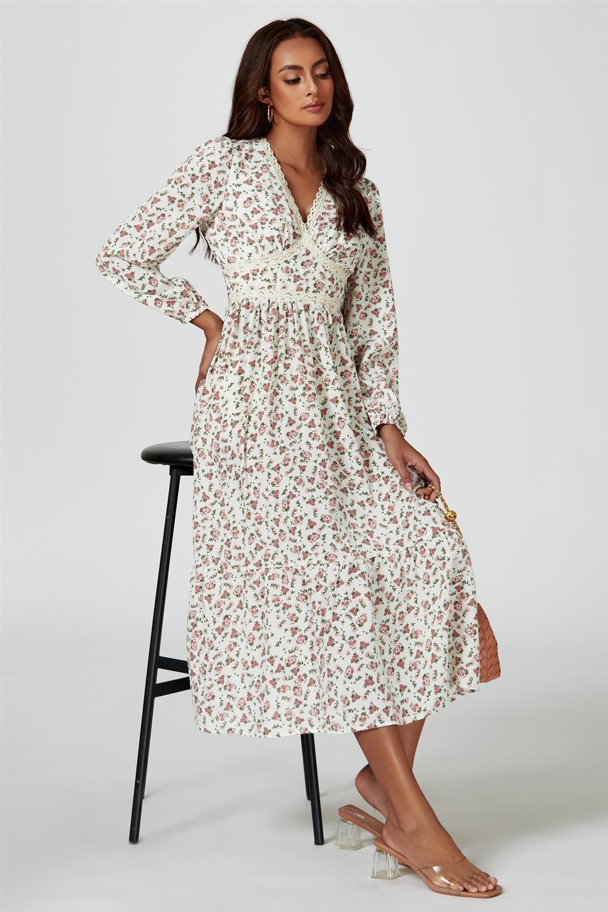 Floral Print Long Sleeve Midi Dress In White - AXON