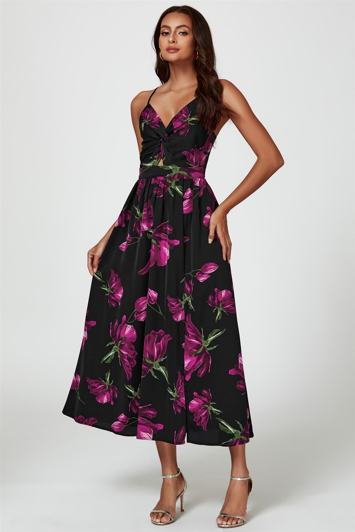 Floral Print Maxi Dress In Black - AXON