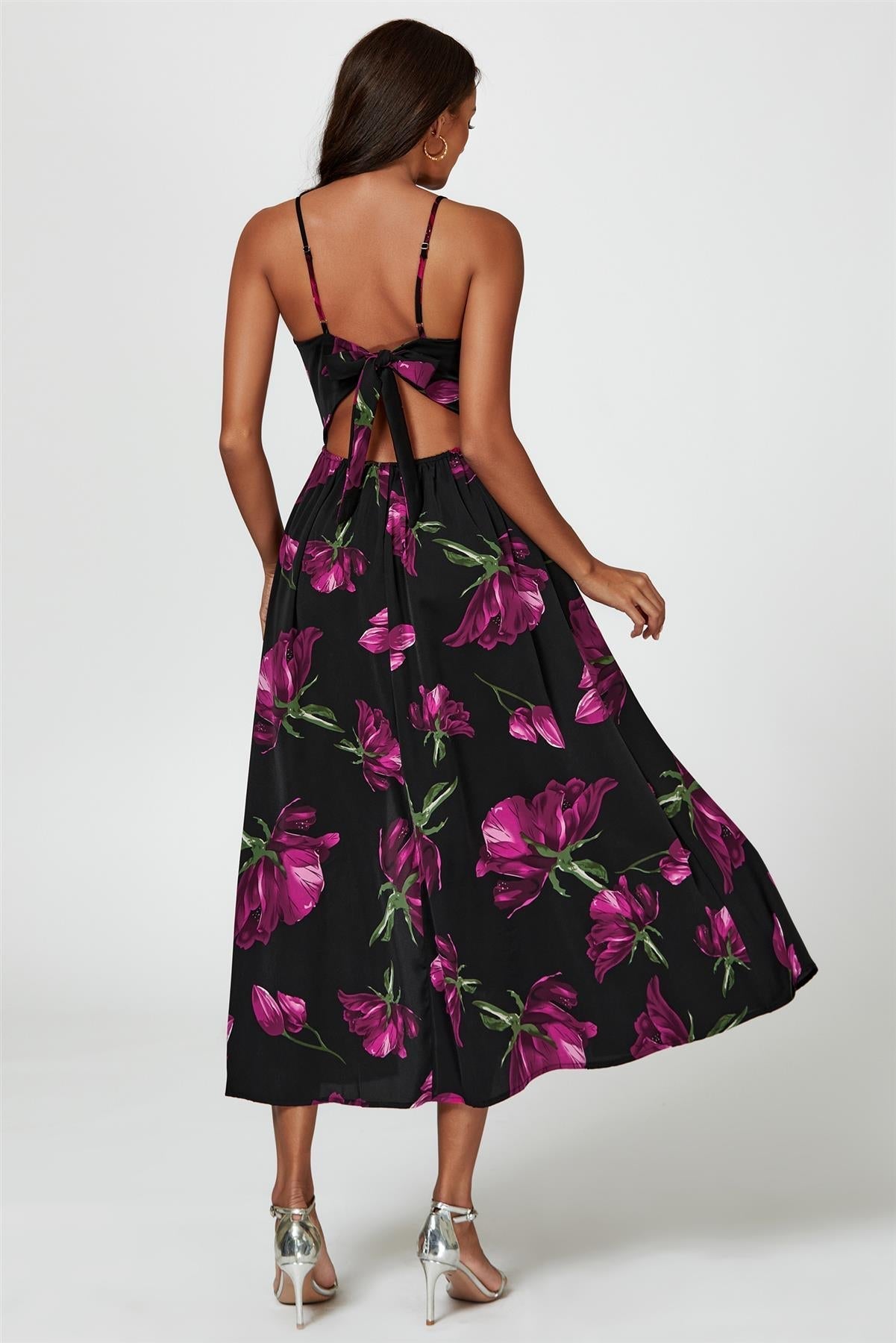 Floral Print Maxi Dress In Black - AXON