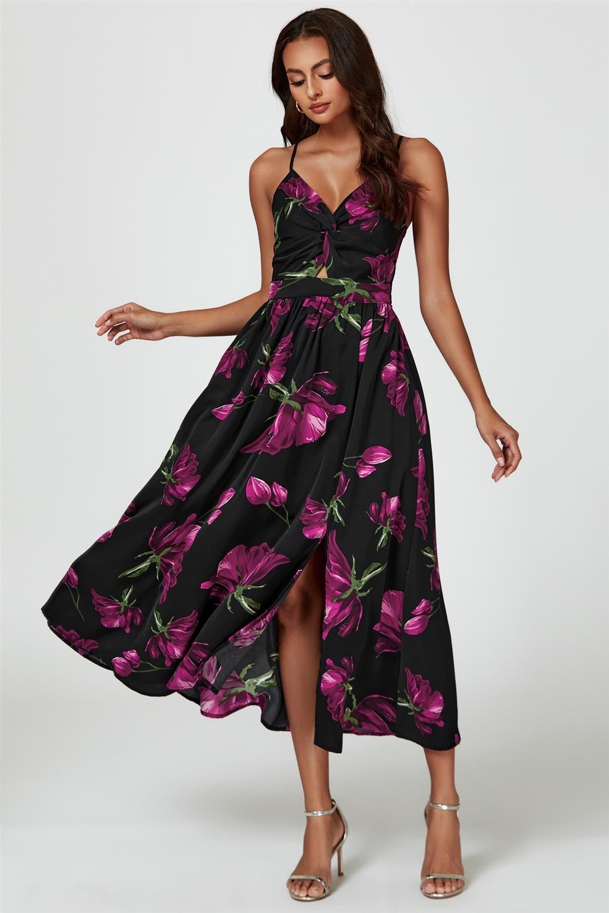 Floral Print Maxi Dress In Black - AXON