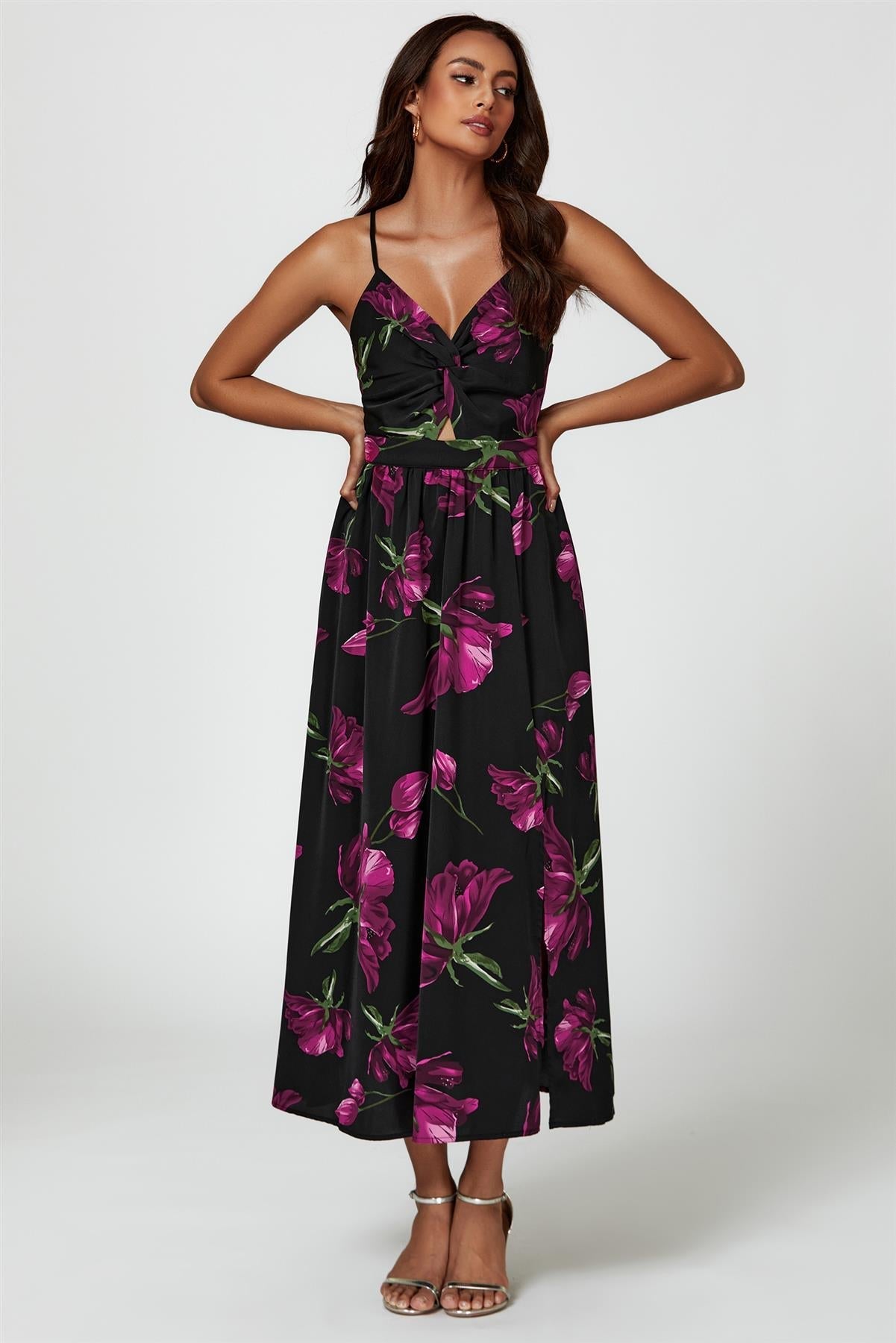 Floral Print Maxi Dress In Black - AXON