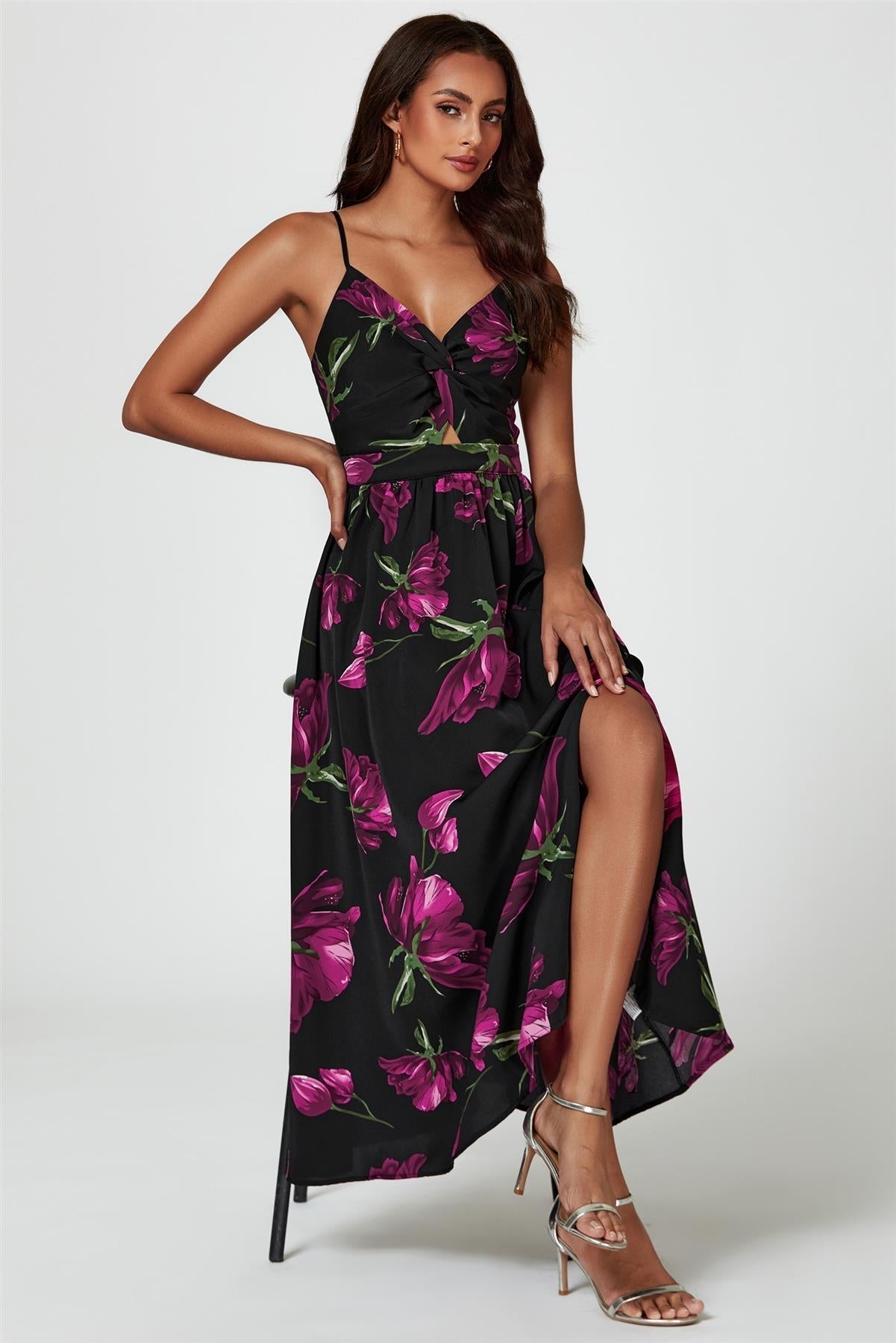 Floral Print Maxi Dress In Black - AXON