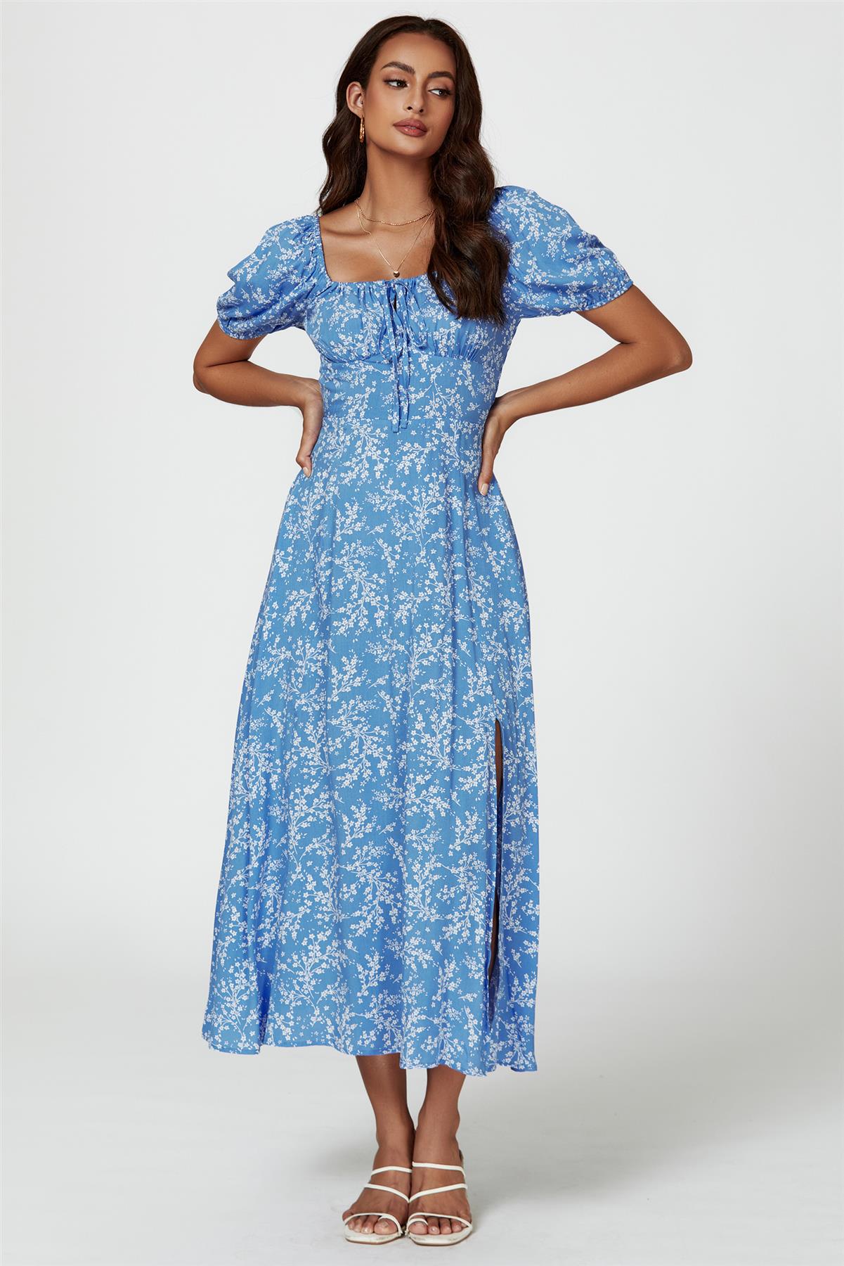 Floral Print Maxi Dress In Blue - AXON