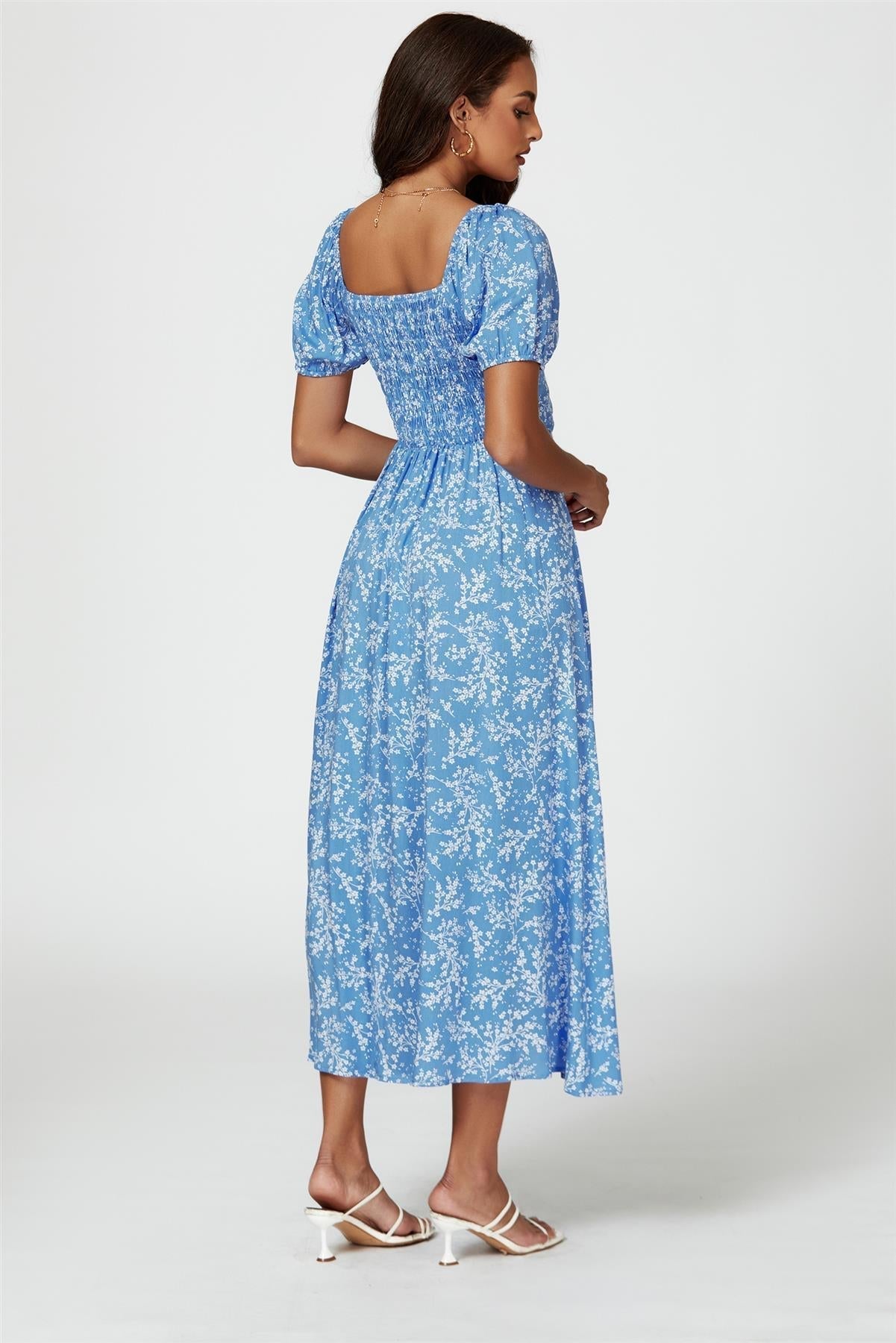 Floral Print Maxi Dress In Blue - AXON