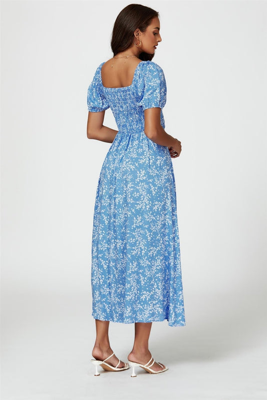 Floral Print Maxi Dress In Blue - AXON