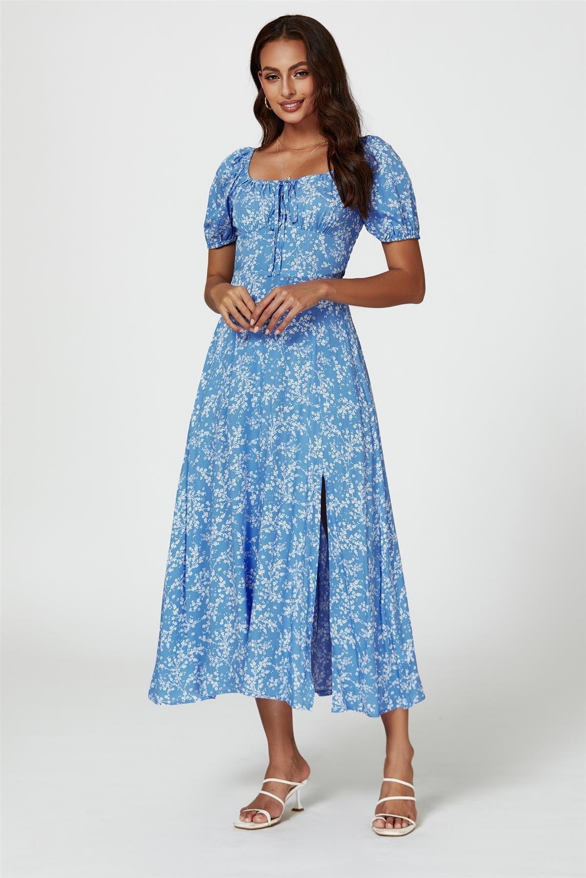 Floral Print Maxi Dress In Blue - AXON
