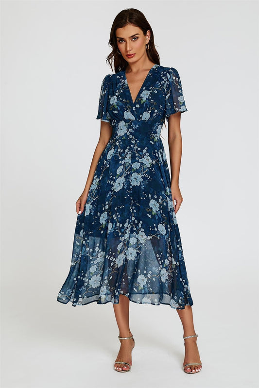 Floral Print Midi V neckline Dress In Navy - AXON