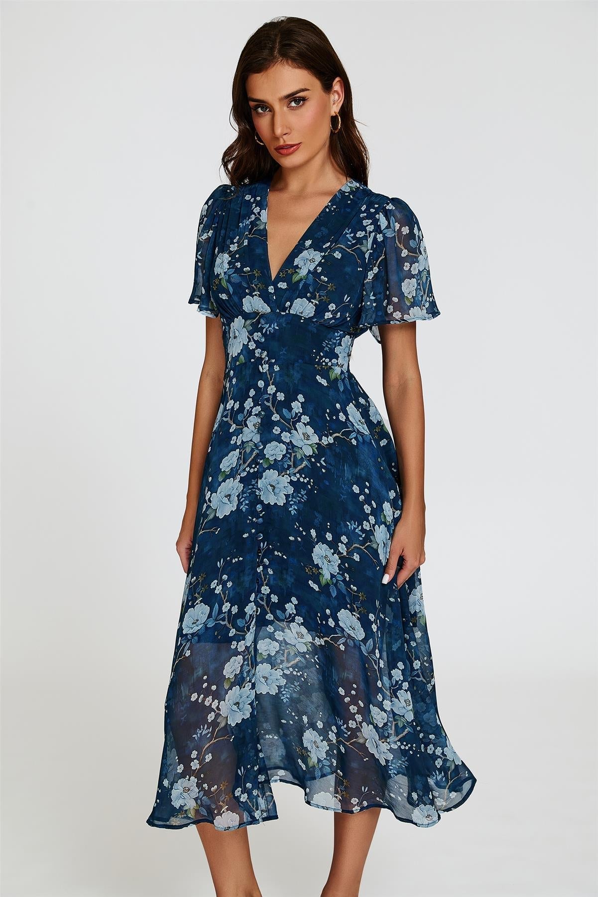 Floral Print Midi V neckline Dress In Navy - AXON