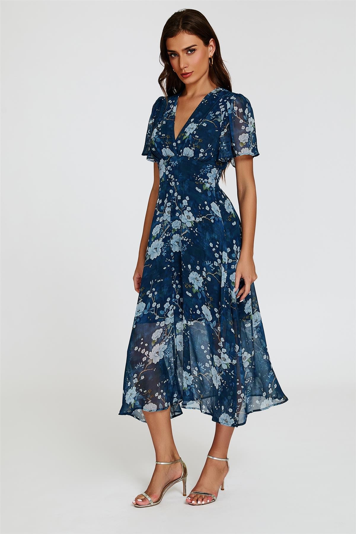 Floral Print Midi V neckline Dress In Navy - AXON