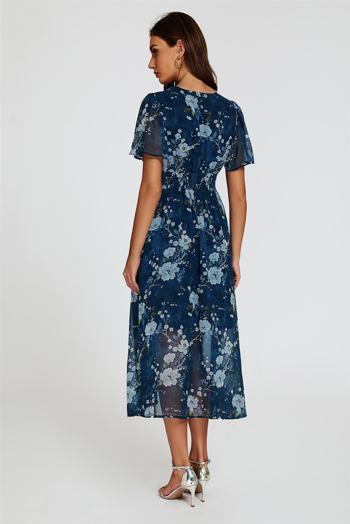 Floral Print Midi V neckline Dress In Navy - AXON