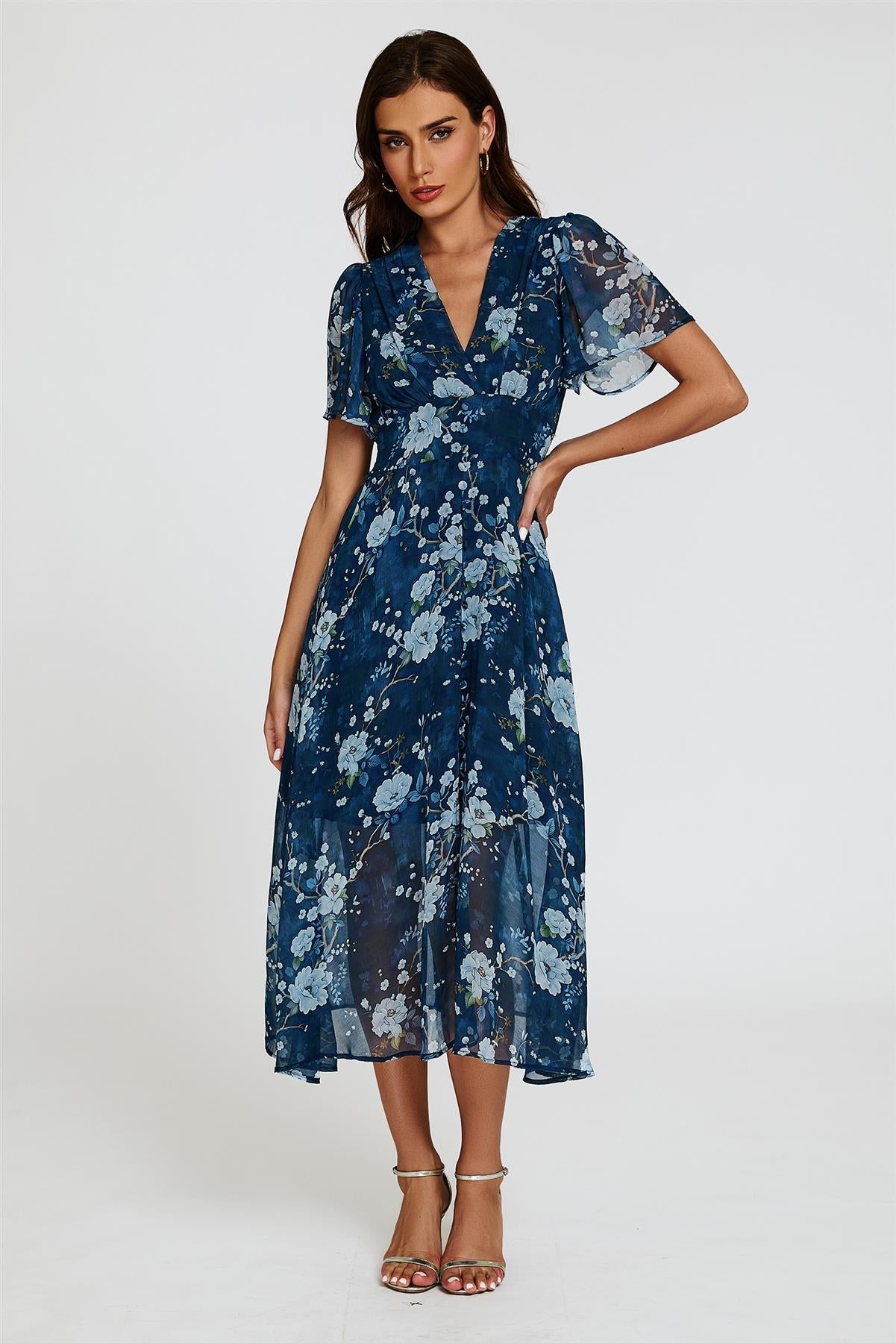 Floral Print Midi V neckline Dress In Navy - AXON