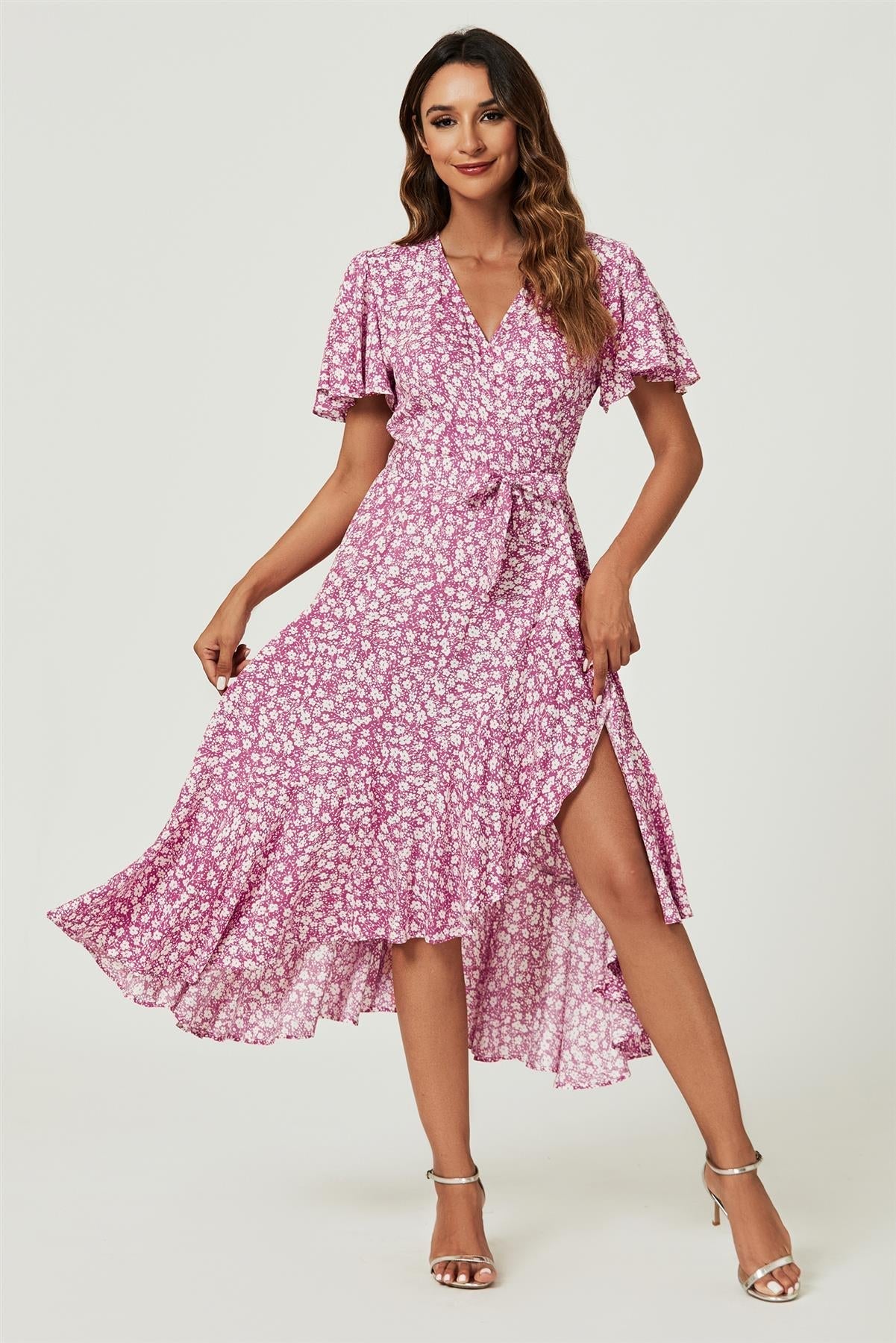 Floral Print Midi Wrap Dress In Pink - AXON