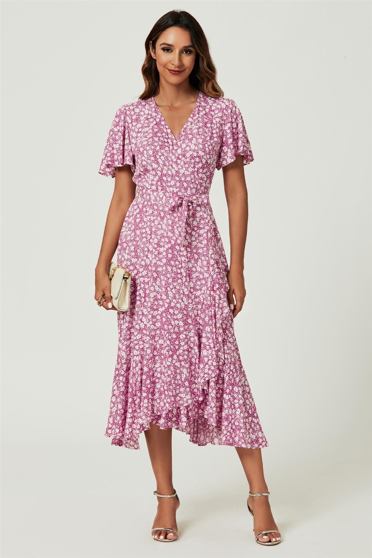 Floral Print Midi Wrap Dress In Pink - AXON
