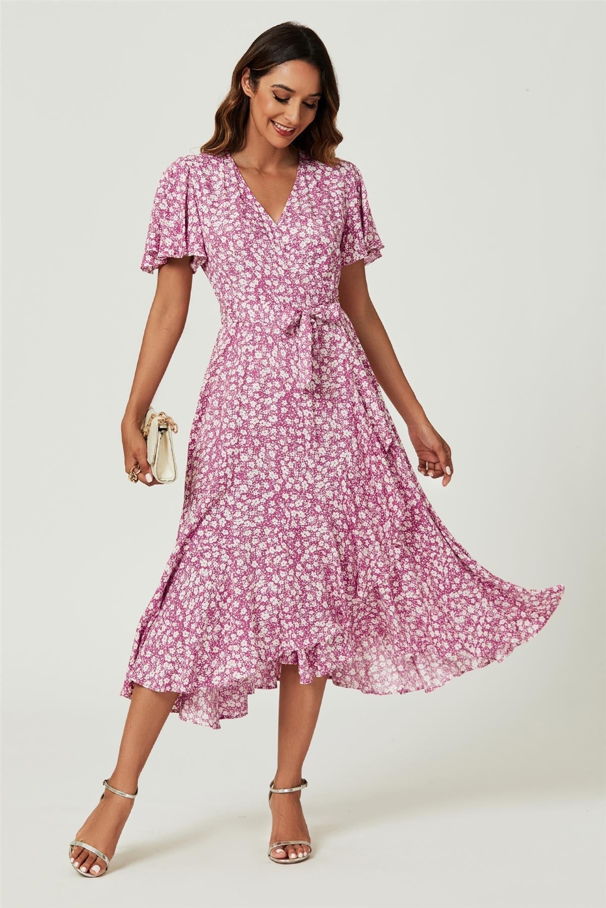Floral Print Midi Wrap Dress In Pink - AXON