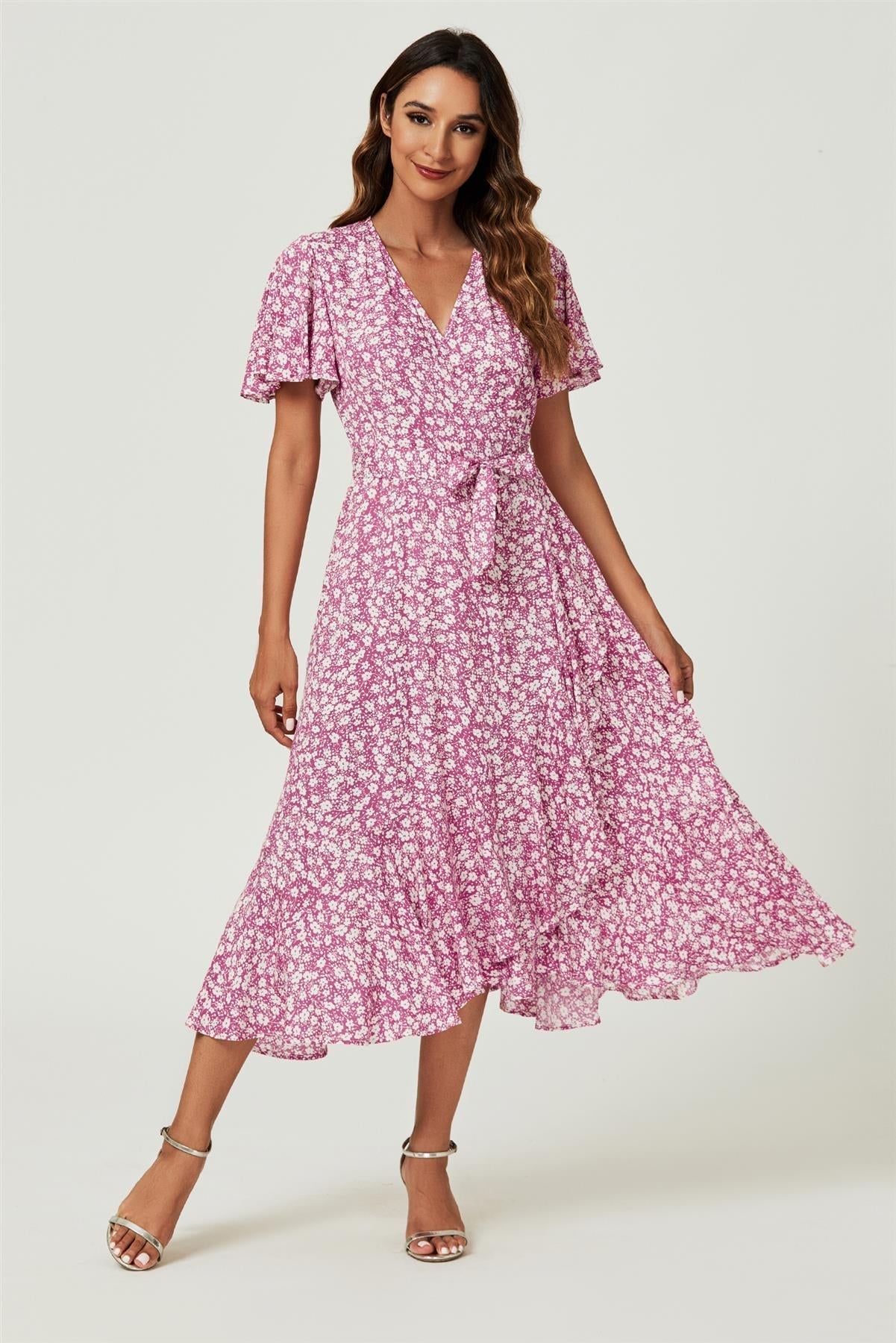 Floral Print Midi Wrap Dress In Pink - AXON