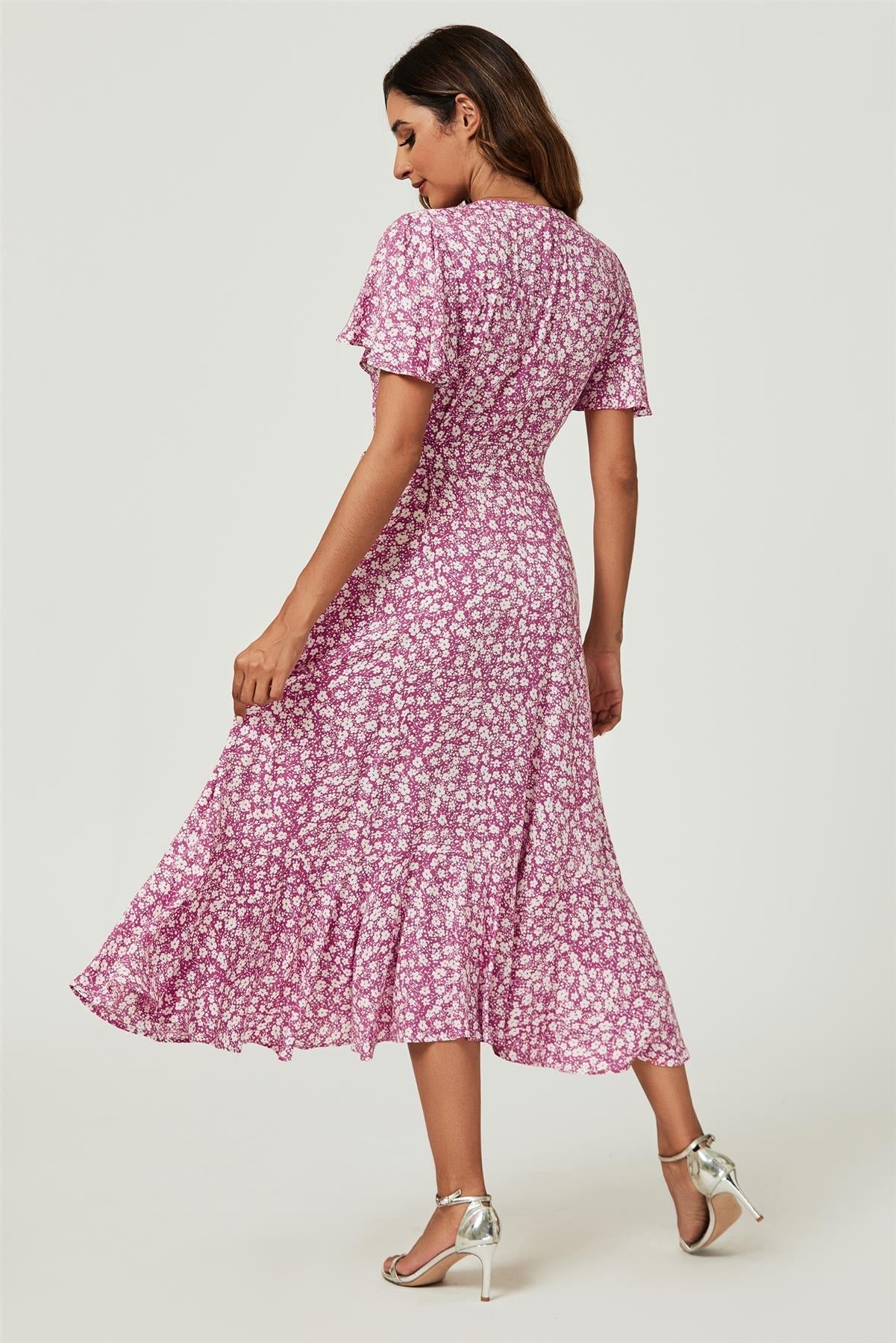 Floral Print Midi Wrap Dress In Pink - AXON