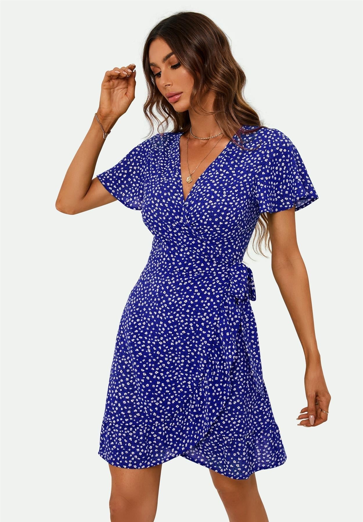 Floral Print Mini Wrap Dress In Blue - AXON