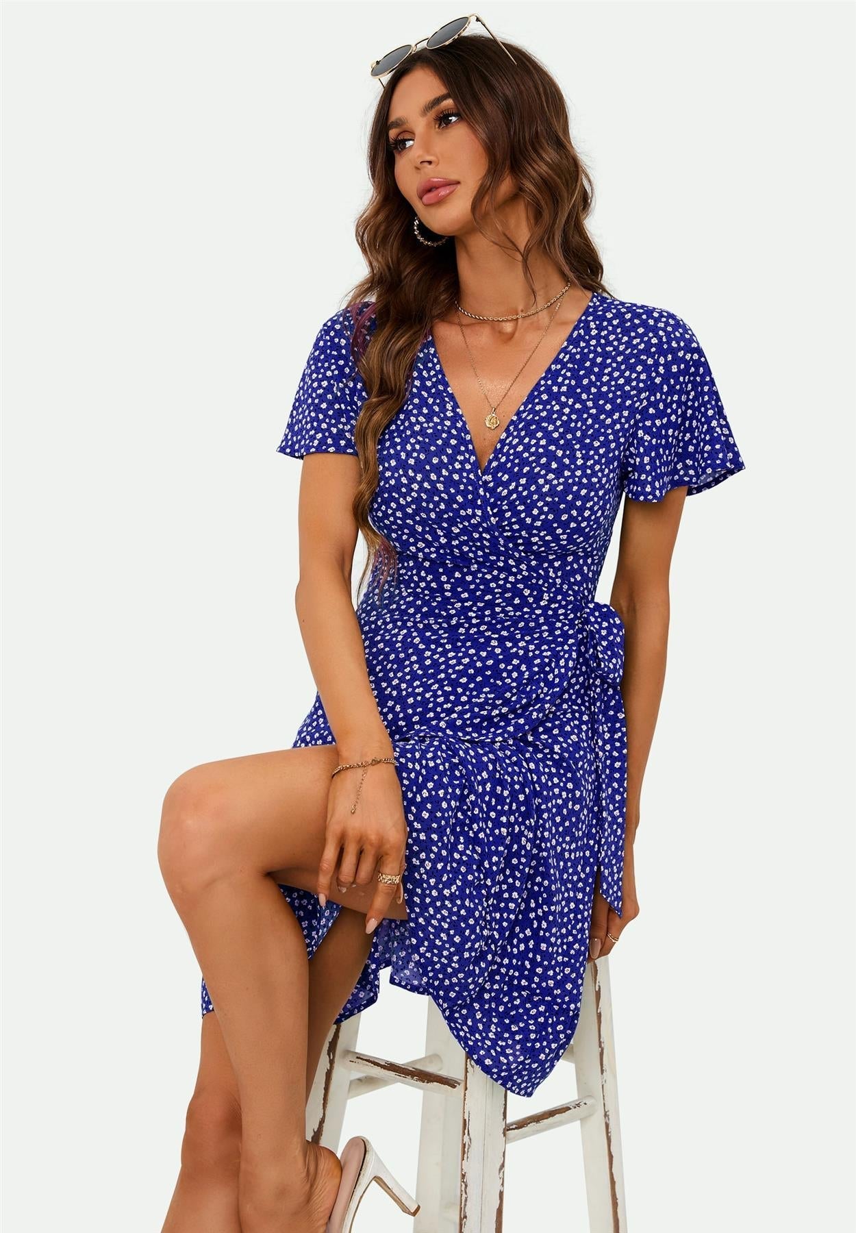 Floral Print Mini Wrap Dress In Blue - AXON