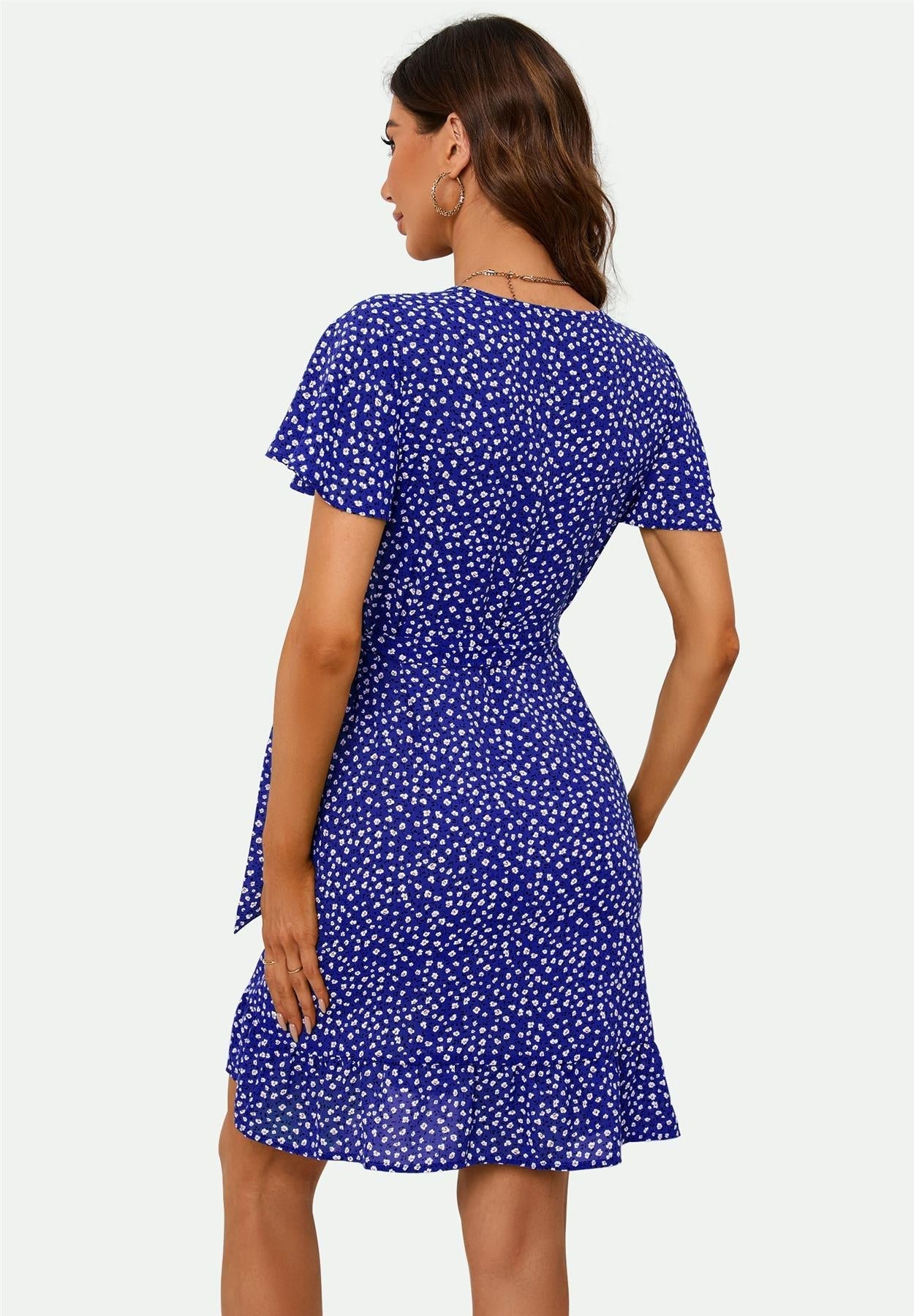 Floral Print Mini Wrap Dress In Blue - AXON