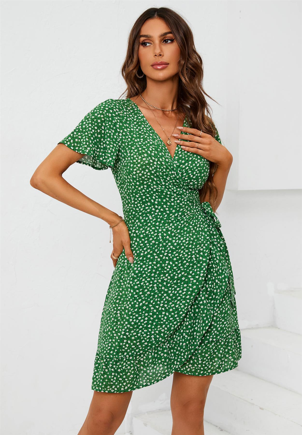 Floral Print Mini Wrap Dress In Green - AXON
