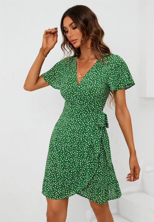 Floral Print Mini Wrap Dress In Green - AXON